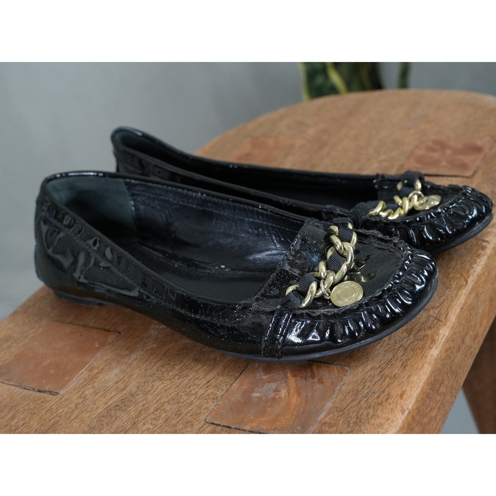 Coach Ballet Flats Women Size 8 Black Patent Glitter Chain Accent Vintage Y2K